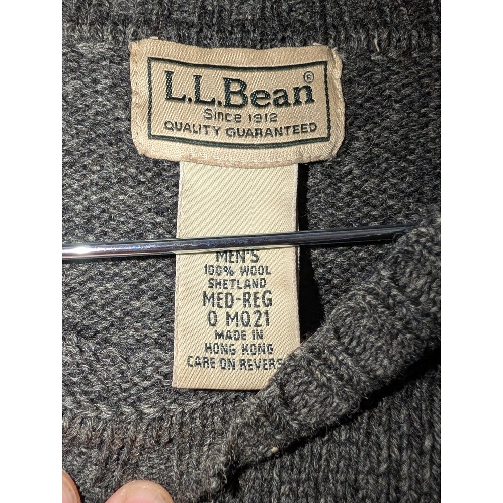 L.L. Bean Sweater Mens Medium Gray Shetland Wool Elbow Patch Crewneck Pullover - Picture 8 of 10